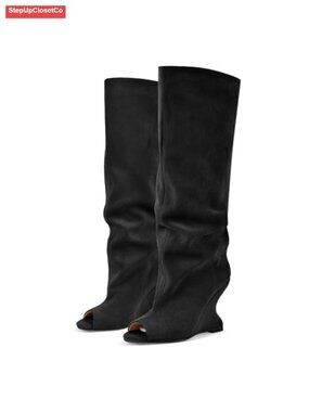 Womens Peep Toe Wedge Knee High Boots Faux Suede Slouchy Pull On Heels